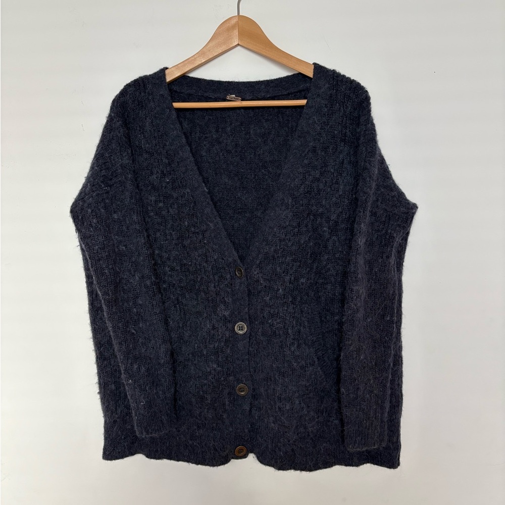 Free People Women Medium Blue Alpaca Wool MoHair Button Up Cardigan Knit Sweater